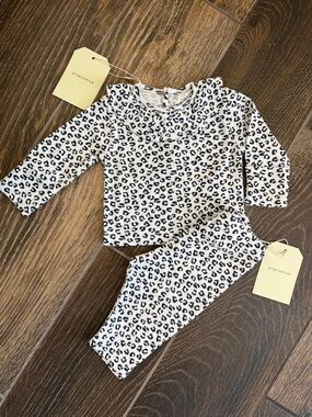 Piupiuchick Newborn Girls' Organic Ruffle Shirt/ Leggings Ecru Leopard Print